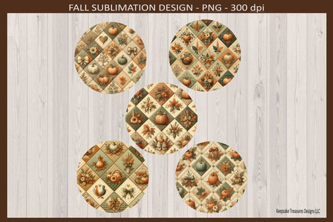 Autumn Pumpkin Patchwork Round Coasters, Sublimation Png Coaster Template, Png Printable Sublimation Keepsake Treasures Designs LLC. 