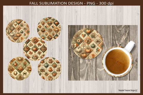 Autumn Pumpkin Patchwork Round Coasters, Sublimation Png Coaster Template, Png Printable Sublimation Keepsake Treasures Designs LLC. 