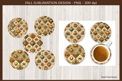 Autumn Pumpkin Patchwork Round Coasters, Sublimation Png Coaster Template, Png Printable Sublimation Keepsake Treasures Designs LLC. 