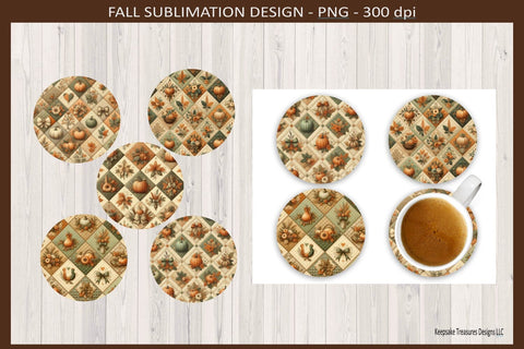 Autumn Pumpkin Patchwork Round Coasters, Sublimation Png Coaster Template, Png Printable Sublimation Keepsake Treasures Designs LLC. 