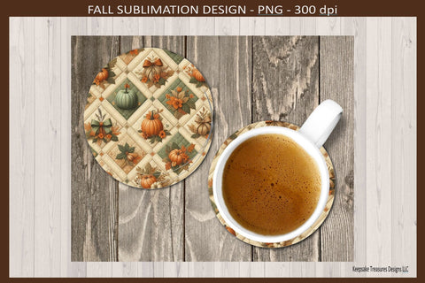 Autumn Pumpkin Patchwork Round Coasters, Sublimation Png Coaster Template, Png Printable Sublimation Keepsake Treasures Designs LLC. 