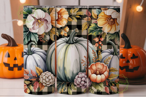 Autumn Pumpkin Plaid Floral Tumbler Wrap Sublimation PixelChick 
