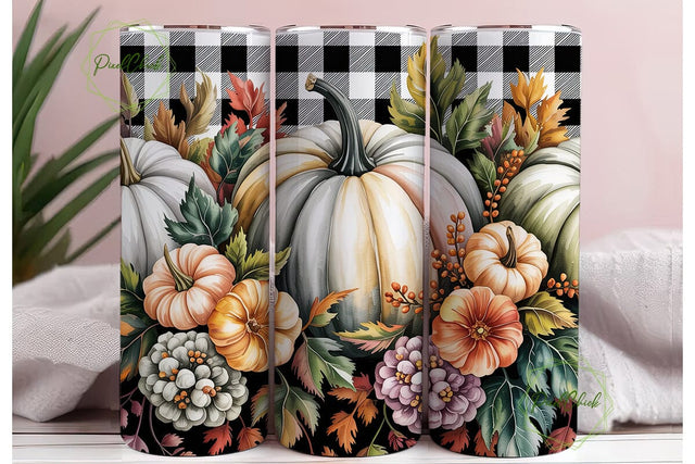 Autumn Pumpkin Plaid Floral Tumbler Wrap Sublimation PixelChick 