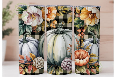 Autumn Pumpkin Plaid Floral Tumbler Wrap Sublimation PixelChick 