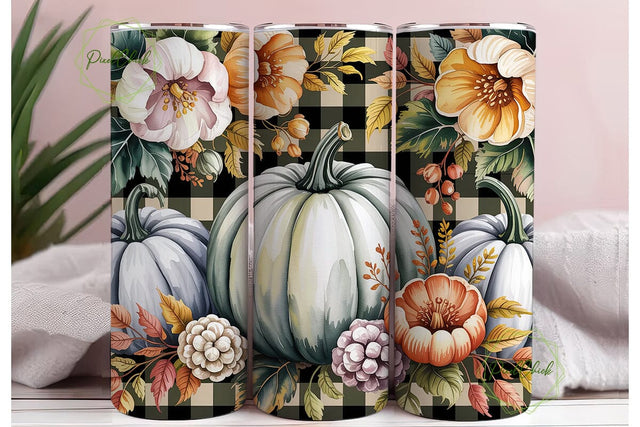 Autumn Pumpkin Plaid Floral Tumbler Wrap Sublimation PixelChick 