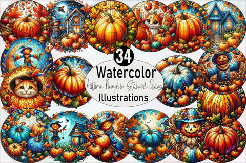 Autumn Pumpkin Stained Glass Sublimation Clipart Bundle Sublimation SVGArt 