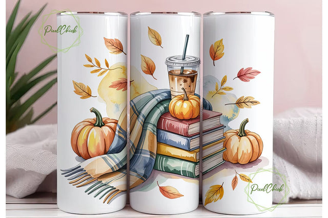 Autumn Pumpkins Books Coffee Tumbler Sublimation PixelChick 