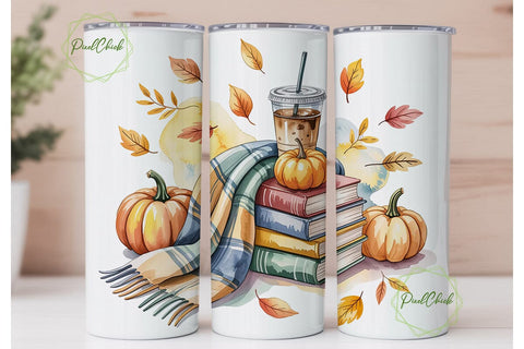Autumn Pumpkins Books Coffee Tumbler Sublimation PixelChick 