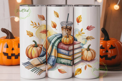 Autumn Pumpkins Books Coffee Tumbler Sublimation PixelChick 