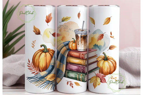 Autumn Pumpkins Books Coffee Tumbler Sublimation PixelChick 