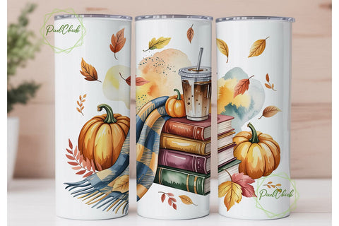 Autumn Pumpkins Books Coffee Tumbler Sublimation PixelChick 