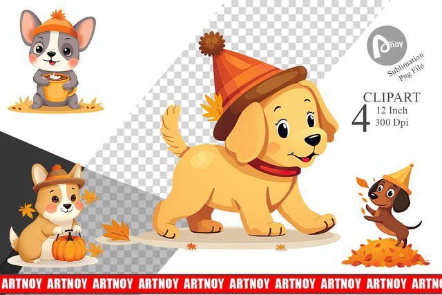 Autumn Puppy Parade Clipart Sublimation artnoy 