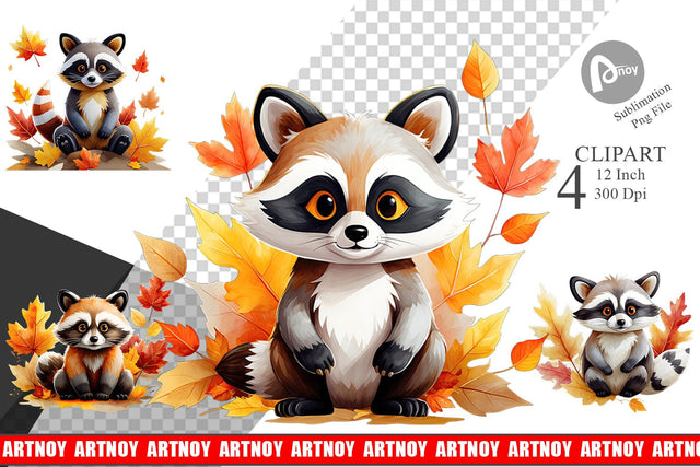 Autumn Raccoon Watercolor Clipart Sublimation artnoy 