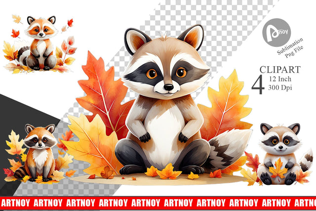 Autumn Raccoon Watercolor Clipart Sublimation artnoy 