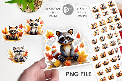 Autumn Raccoon Watercolor Sticker Sublimation artnoy 