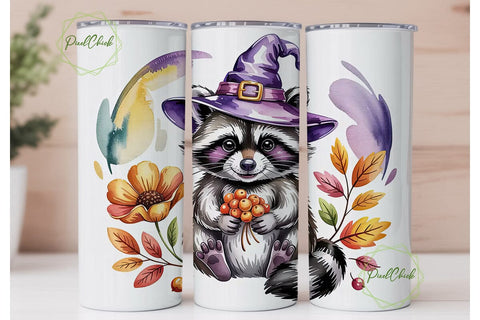 Autumn Raccoon Witch 20oz Tumbler Wrap Sublimation PixelChick 
