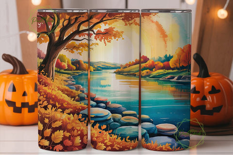 Autumn River Landscape 20oz Tumbler Wrap Sublimation PixelChick 