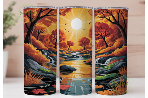 Autumn River Sunset 20oz Tumbler Wrap Sublimation PixelChick 