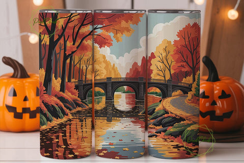 Autumn Riverside Bridge Scene Tumbler Sublimation PixelChick 