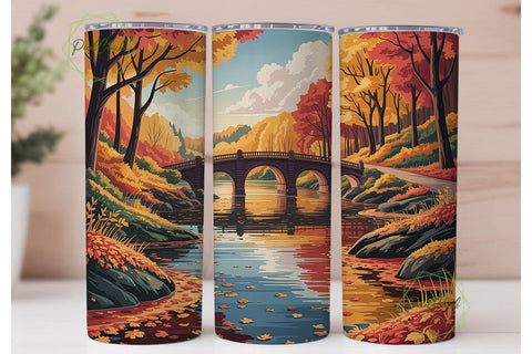 Autumn Riverside Bridge Scene Tumbler Sublimation PixelChick 