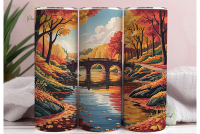 Autumn Riverside Bridge Scene Tumbler Sublimation PixelChick 