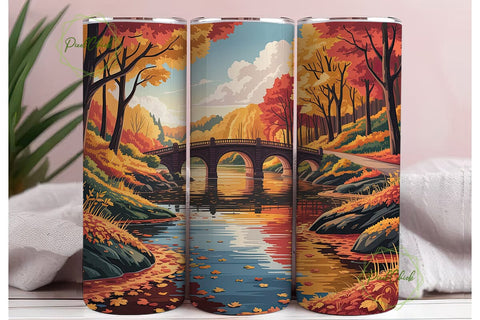Autumn Riverside Bridge Scene Tumbler Sublimation PixelChick 