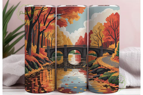 Autumn Riverside Bridge Scene Tumbler Sublimation PixelChick 