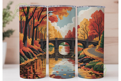 Autumn Riverside Bridge Scene Tumbler Sublimation PixelChick 