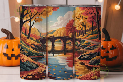 Autumn Riverside Bridge Scene Tumbler Sublimation PixelChick 