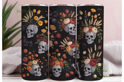 Autumn Skull Floral 20oz Tumbler Wrap Sublimation PixelChick 