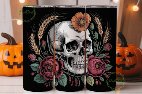 Autumn Skull Floral 20oz Tumbler Wrap Sublimation PixelChick 