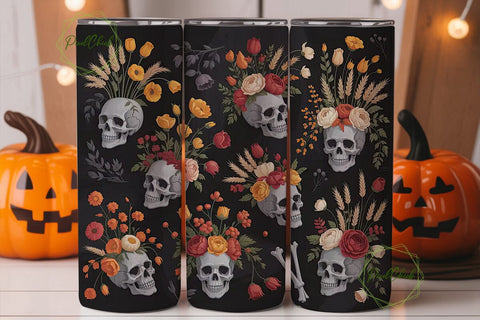 Autumn Skull Floral 20oz Tumbler Wrap Sublimation PixelChick 