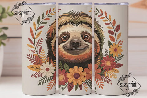 Autumn Sloth Floral 20oz Tumbler Wrap Sublimation sassyprint 