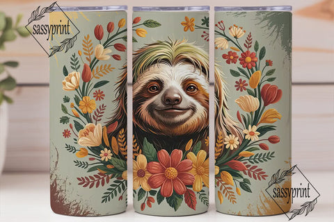 Autumn Sloth Floral 20oz Tumbler Wrap Sublimation sassyprint 