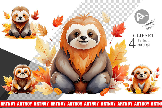 Autumn Sloth Watercolor Clipart Sublimation artnoy 