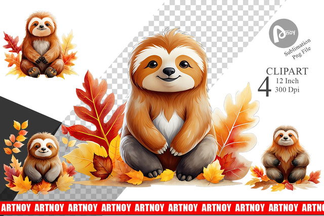 Autumn Sloth Watercolor Clipart Sublimation artnoy 