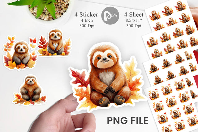 Autumn Sloth Watercolor Sticker Sublimation artnoy 