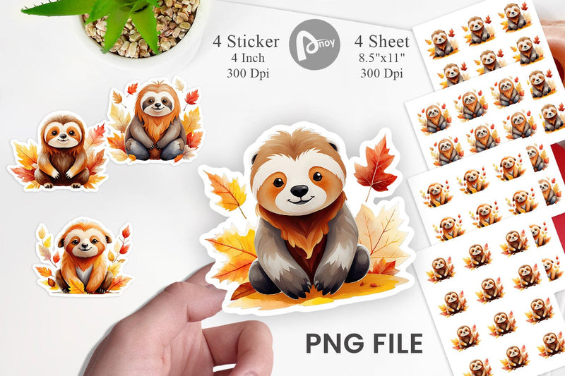 Autumn Sloth Watercolor Sticker Sublimation artnoy 