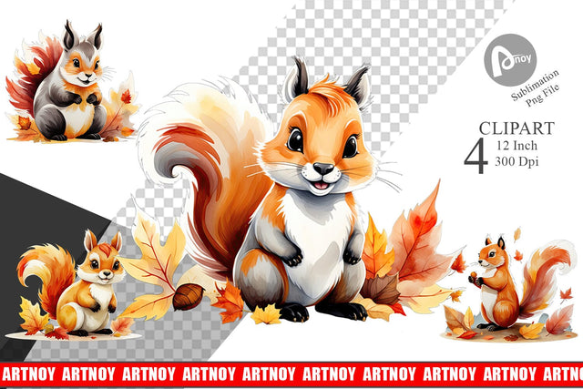 Autumn Squirrel Watercolor Clipart Sublimation artnoy 