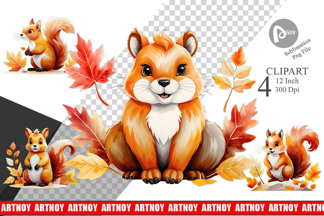 Autumn Squirrel Watercolor Clipart Sublimation artnoy 