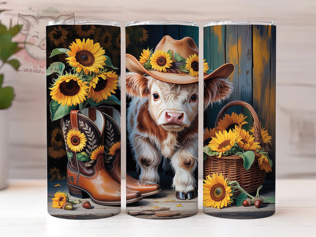 Autumn Sunflower Highland Cow Tumbler Wrap, Highland Cow, Rustic Fall, Floral Theme, Country Style, Tumbler Wrap, Sublimation Design Sublimation Lara' s Designs 