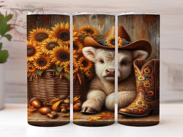Autumn Sunflower Highland Cow Tumbler Wrap, Highland Cow, Rustic Fall, Floral Theme, Country Style, Tumbler Wrap, Sublimation Design Sublimation Lara' s Designs 