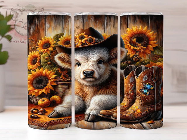 Autumn Sunflower Highland Cow Tumbler Wrap, Highland Cow, Rustic Fall, Floral Theme, Country Style, Tumbler Wrap, Sublimation Design Sublimation Lara' s Designs 