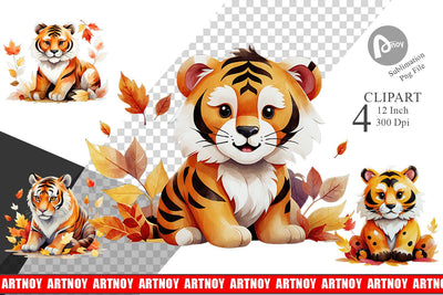 Autumn Tiger Watercolor Clipart Sublimation artnoy 