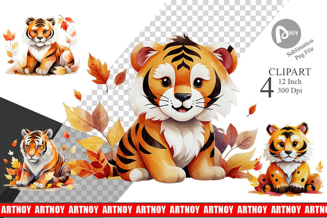 Autumn Tiger Watercolor Clipart Sublimation artnoy 