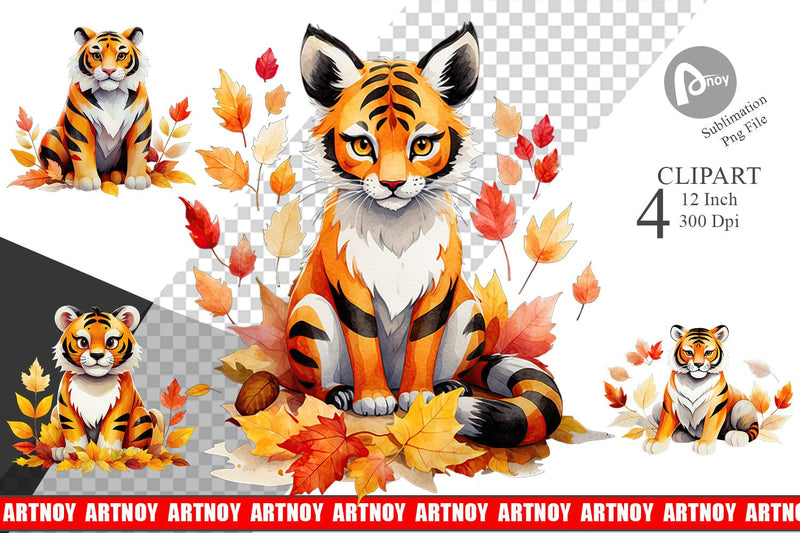 Autumn Tiger Watercolor Clipart Sublimation artnoy 
