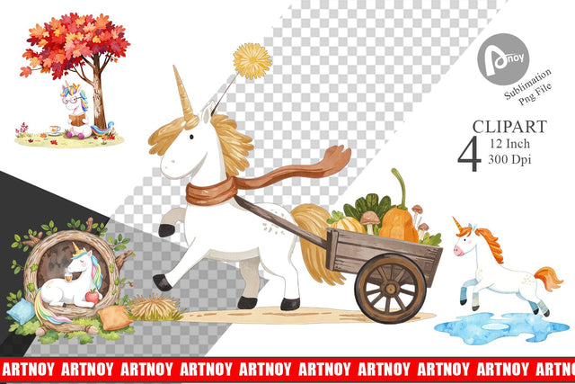 Autumn Unicorn Whimsy Clipart Sublimation artnoy 