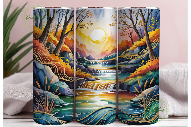 Autumn Waterfall Landscape Tumbler Wrap Sublimation PixelChick 