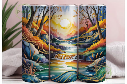 Autumn Waterfall Landscape Tumbler Wrap Sublimation PixelChick 