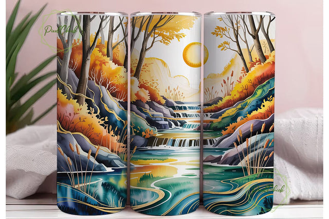 Autumn Waterfall Landscape Tumbler Wrap Sublimation PixelChick 